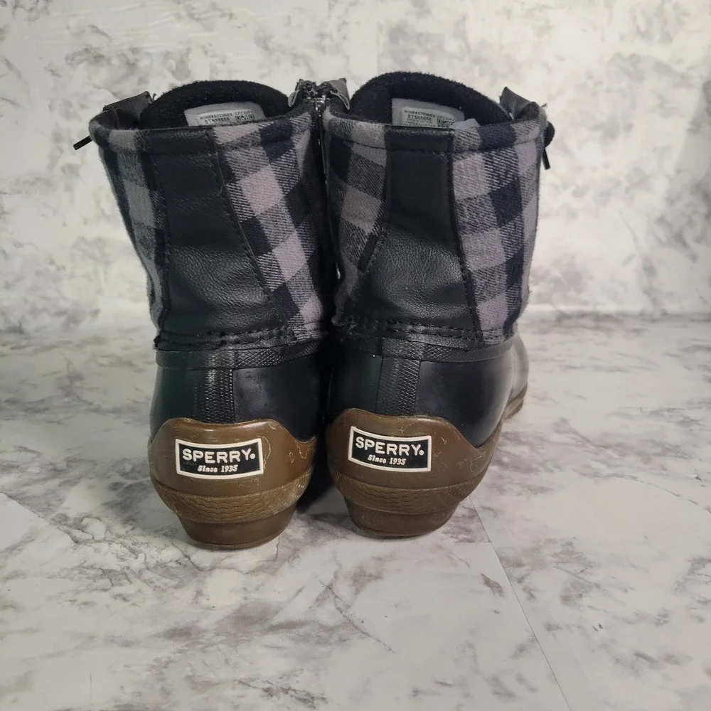 Sperry Saltwater Duck Boots Womens Black Grey Buffalo Plaid‎ Flannel